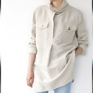 BY MALENE BIRGER Bellah canvas linen turtleneck tunic in ecru beige gold US 2